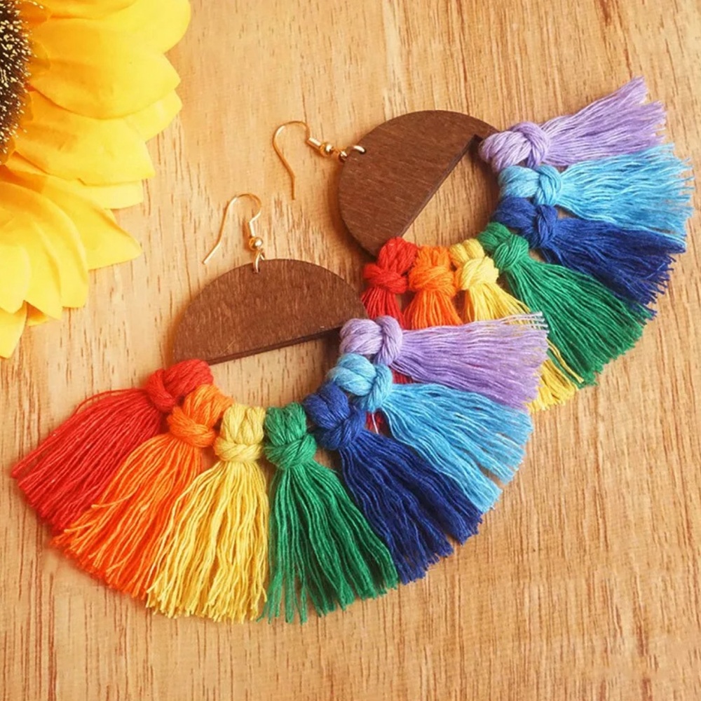 “Rainbow Fringe” 🌈 Boho Wooden Earrings